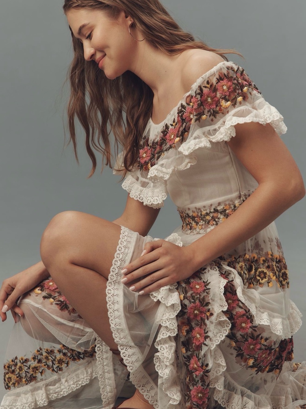 Anthropologie Cream Off the Shoulder Tulle Ruffle Dress with Floral Embroidery